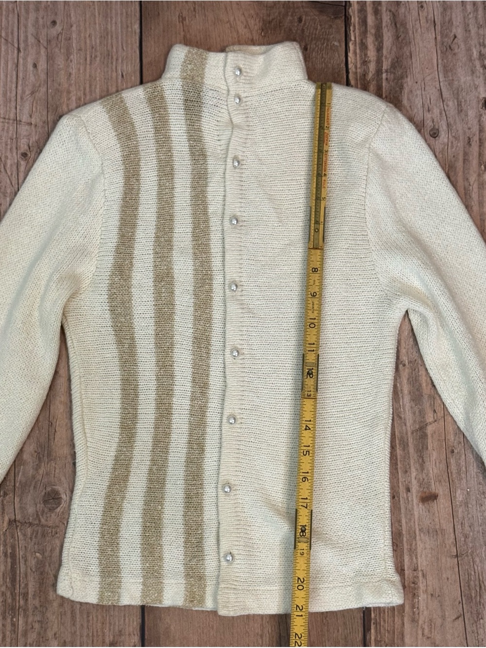 Vintage Funnel Neck Striped Button Up Cardigan Sweater Cream silk/angora - Picture 8 of 10